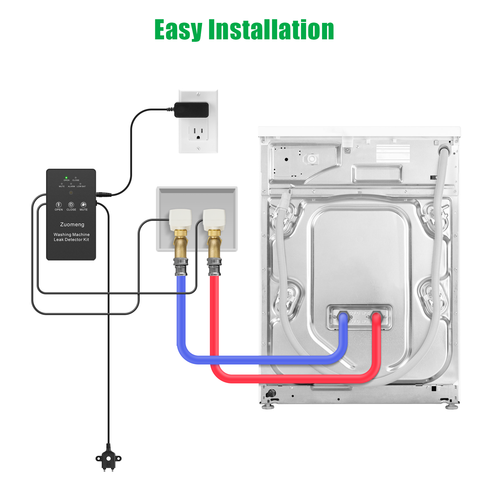 Washing Machine Water Leak Detector Kit with Dual Power Supply, Precise Sensor, Automatic Shut-Off Hot & Cold Valves 3/4" 90° , Alarm Sound and Alarm Light