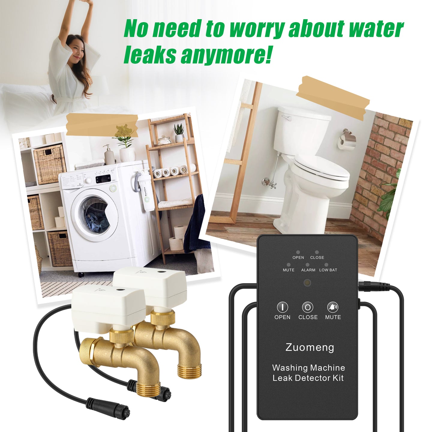 Washing Machine Water Leak Detector Kit with Dual Power Supply, Precise Sensor, Automatic Shut-Off Hot & Cold Valves 3/4" 90° , Alarm Sound and Alarm Light