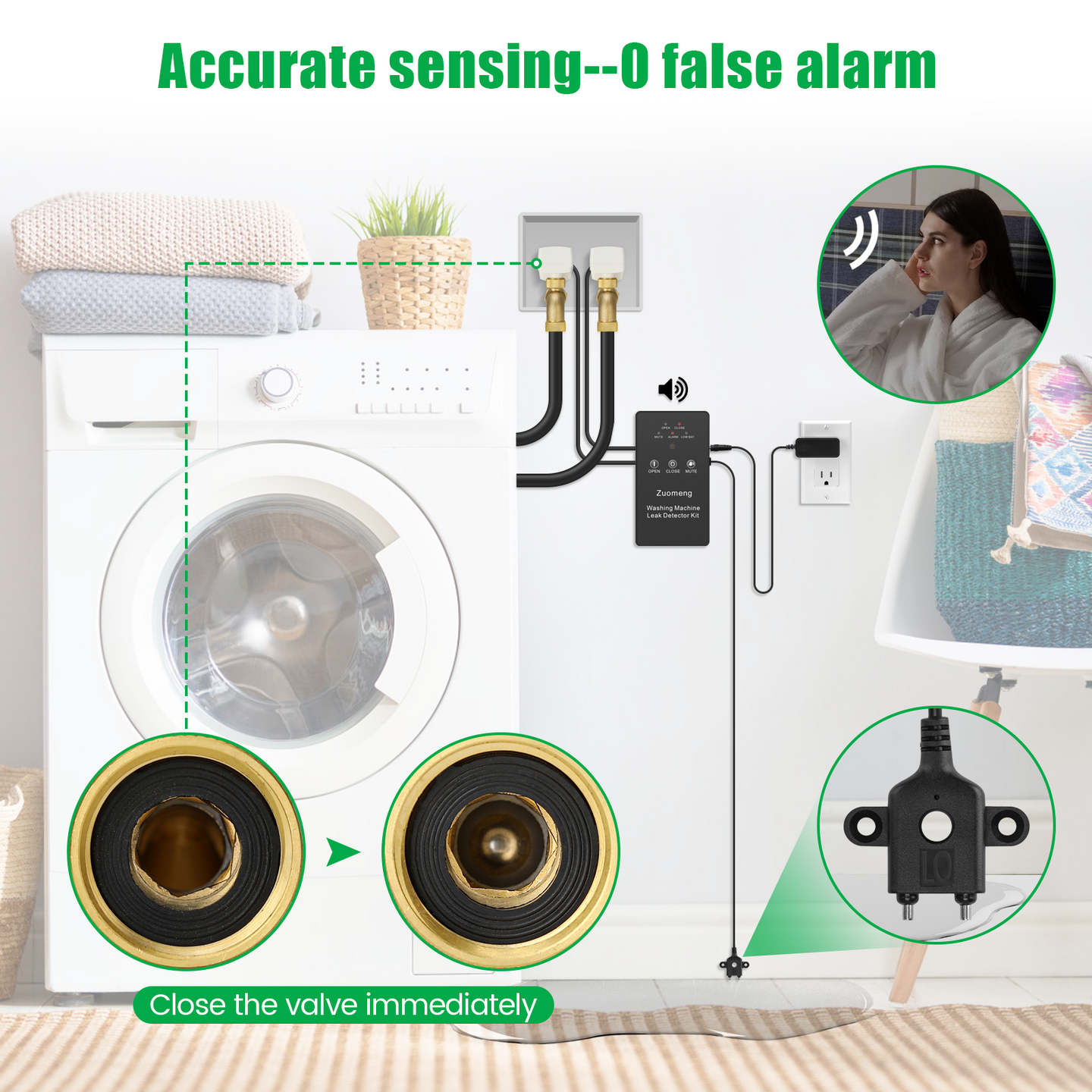 Washing Machine Water Leak Detector Kit with Dual Power Supply, Precise Sensor, Automatic Shut-Off Hot & Cold Valves 3/4" 90° , Alarm Sound and Alarm Light
