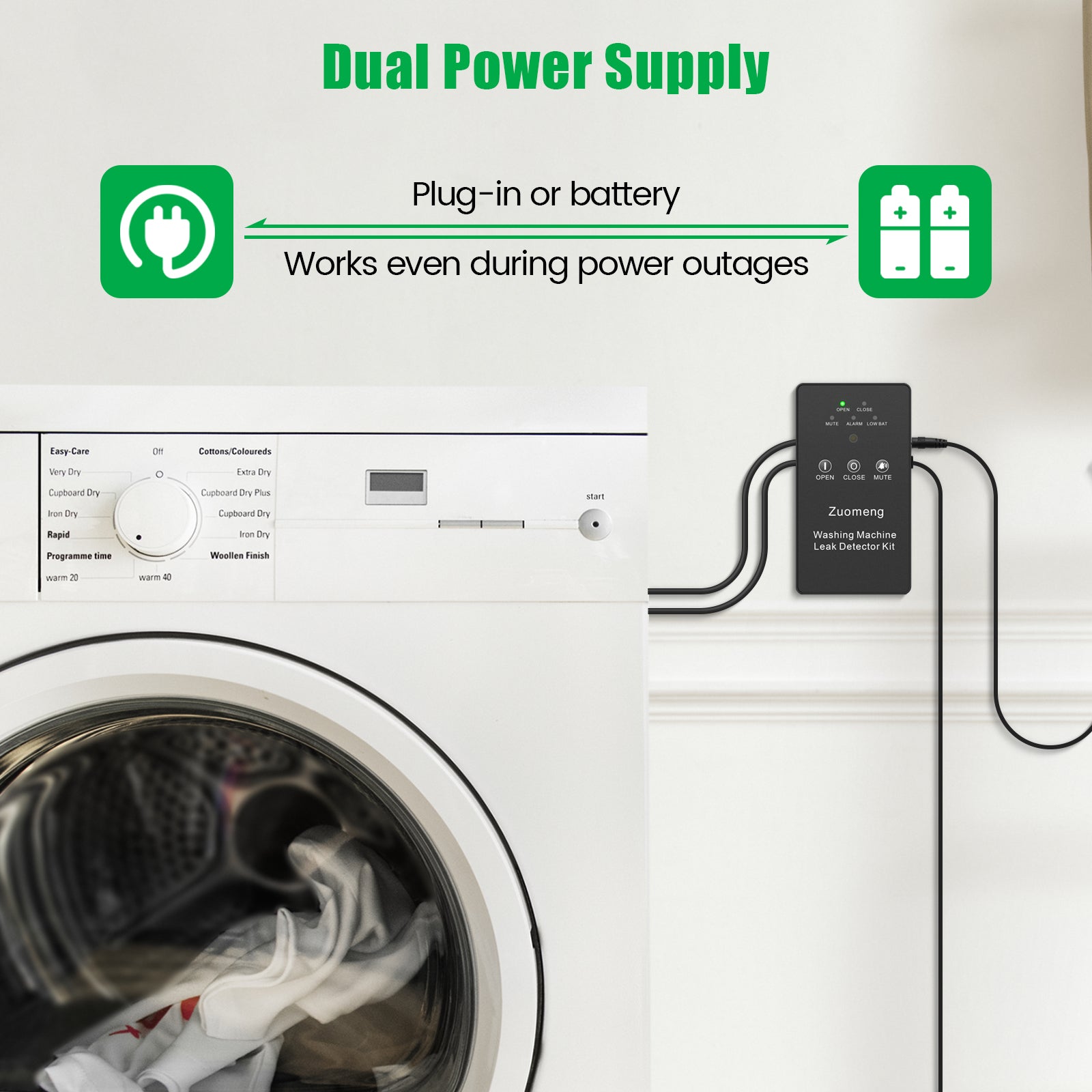 Washing Machine Water Leak Detector Kit with Dual Power Supply, Precise Sensor, Automatic Shut-Off Hot & Cold Valves 3/4" 90° , Alarm Sound and Alarm Light