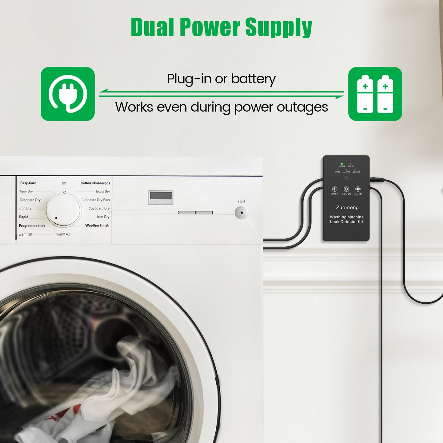Washing Machine Water Leak Detector Kit with Dual Power Supply, Precise Sensor, Automatic Shut-Off Hot & Cold Valves 3/4" 90° , Alarm Sound and Alarm Light