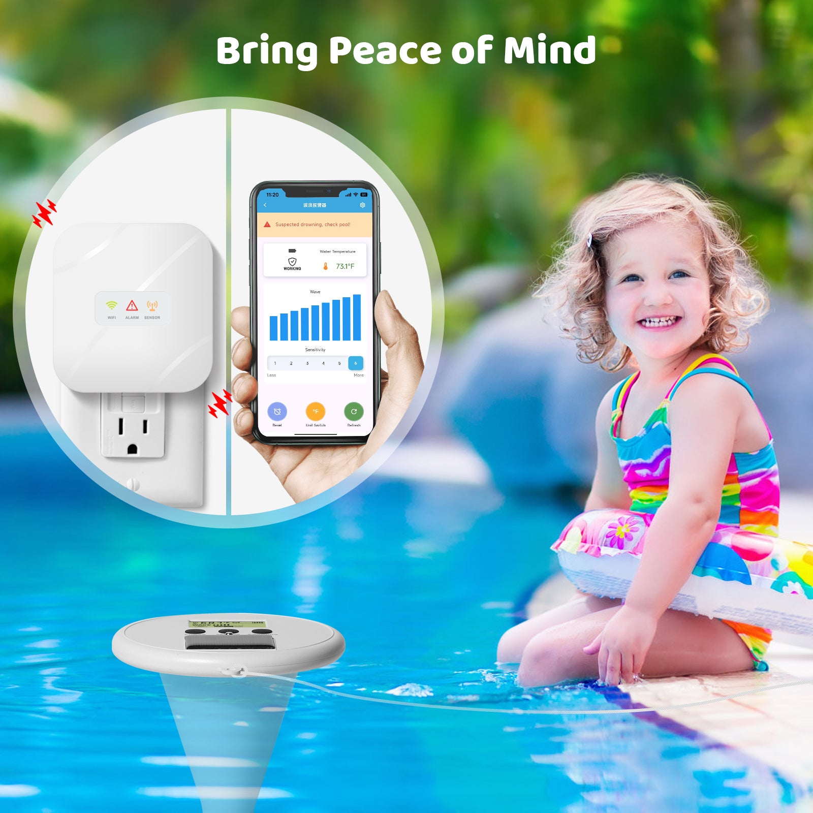 WiFi Pool Alarm, Zuomeng Solar Wave Pool Alarm with High Sensitivity, Smart App Control, Dual Alarming via Device & App, Offering Extra Protection for Your Kids and Pets