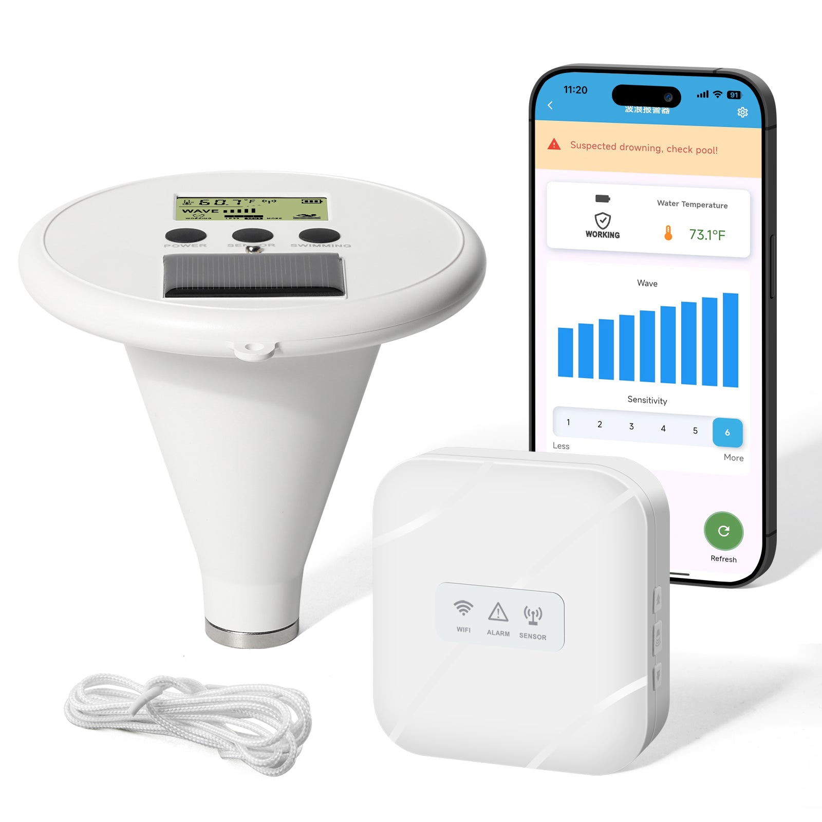 WiFi Pool Alarm, Zuomeng Solar Wave Pool Alarm with High Sensitivity, Smart App Control, Dual Alarming via Device & App, Offering Extra Protection for Your Kids and Pets