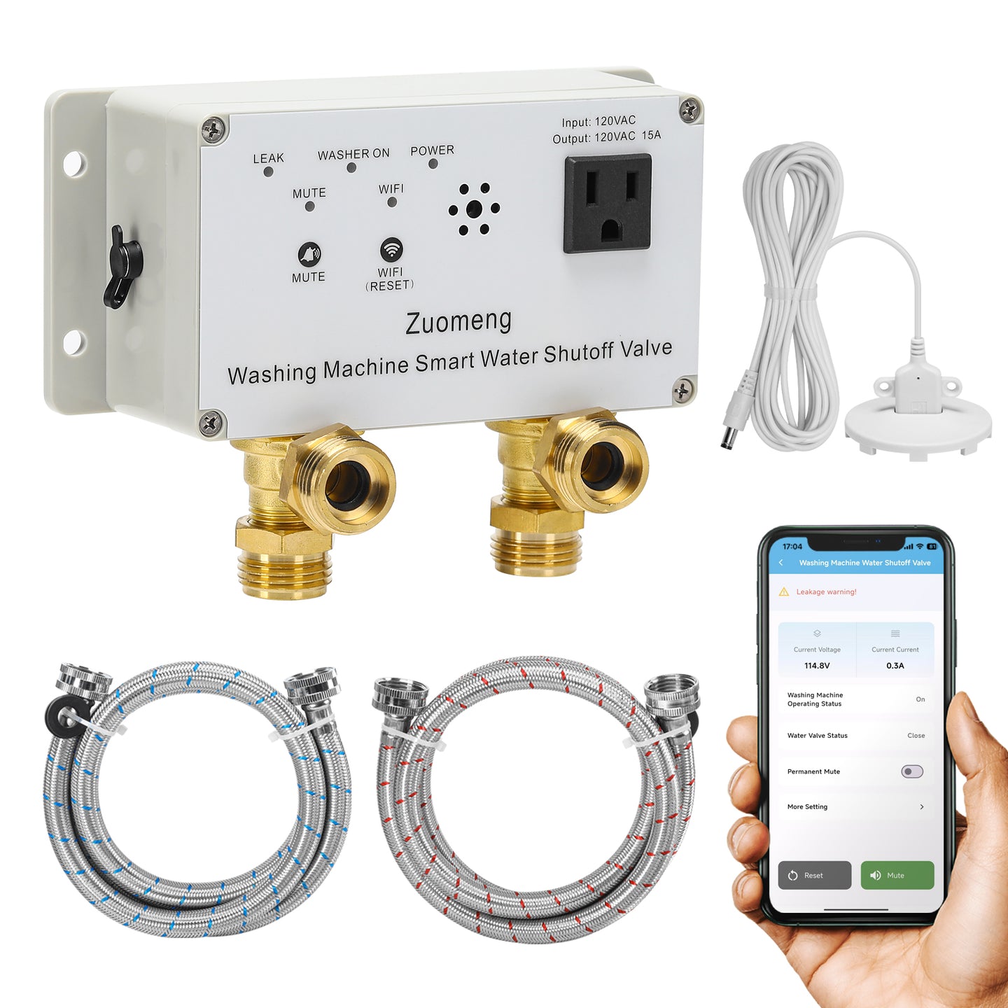 WiFi Smart Water Shutoff Valve with Leak Sensor, 3/4" Brass Valve & Extra Hose, Effortless Remote Control and Real-Time Water Leak Alerts via App, White