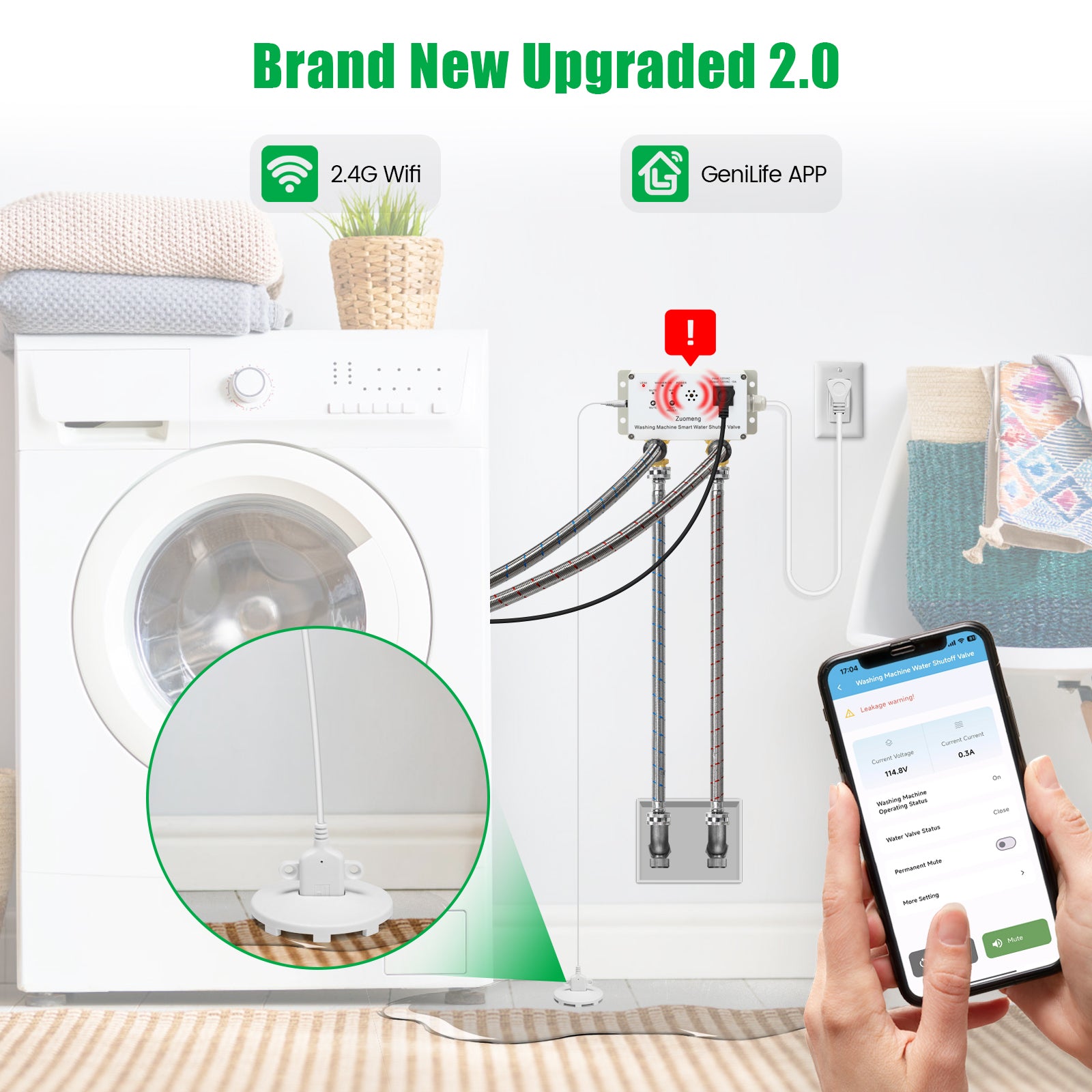 WiFi Smart Water Shutoff Valve with Leak Sensor, 3/4" Brass Valve & Extra Hose, Effortless Remote Control and Real-Time Water Leak Alerts via App, White
