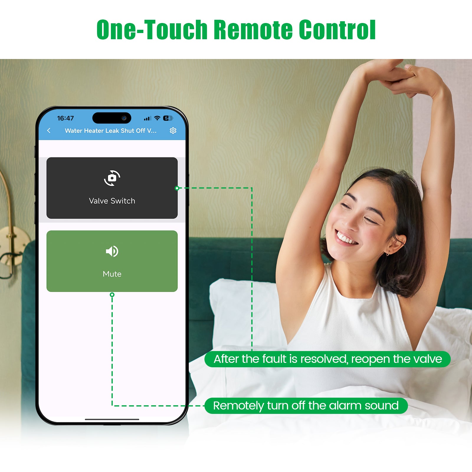 WiFi Smart Water Shutoff Valve with Leak Sensor, 3/4" Brass Valve & Extra Hose, Effortless Remote Control and Real-Time Water Leak Alerts via App, White