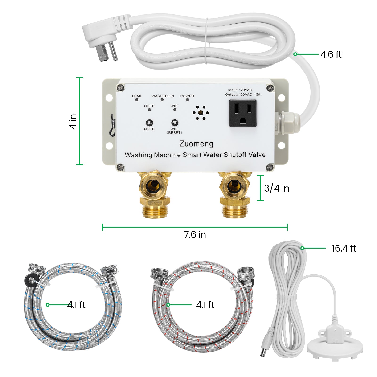 WiFi Smart Water Shutoff Valve with Leak Sensor, 3/4" Brass Valve & Extra Hose, Effortless Remote Control and Real-Time Water Leak Alerts via App, White