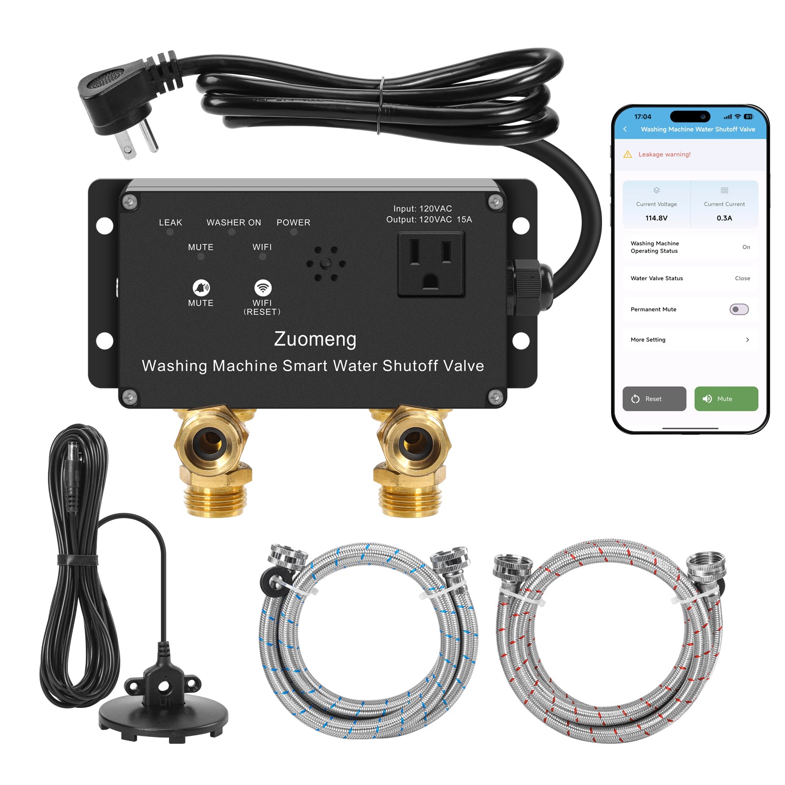 WiFi Smart Water Shutoff Valve with Leak Sensor, 3/4" Brass Valve & Extra Hose, Effortless Remote Control and Real-Time Water Leak Alerts via App