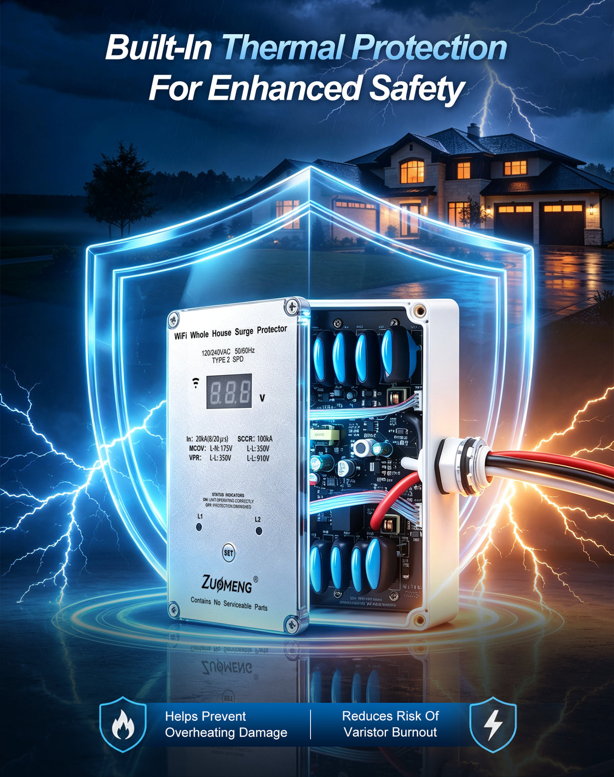 WiFi Whole House Surge Protector - 100 KA/Phase, 2450 Joules (Total), Real-Time WiFi Monitoring, Instant Surge Alerts & Historical Surge Tracking, Type 2 SPD for 120/240V Panels