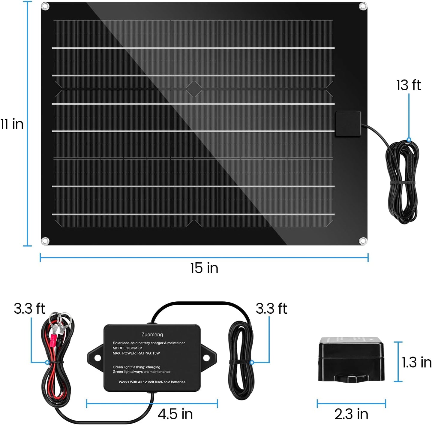 Solar Battery Charger Maintainer, Zuomeng 15W Solar Panel Kit for Dump Trailer Built-in Maintenance Pulse & Intelligent MPPT Charge Controller, Waterproof, Suitable for 12V Lead-Acid Battery