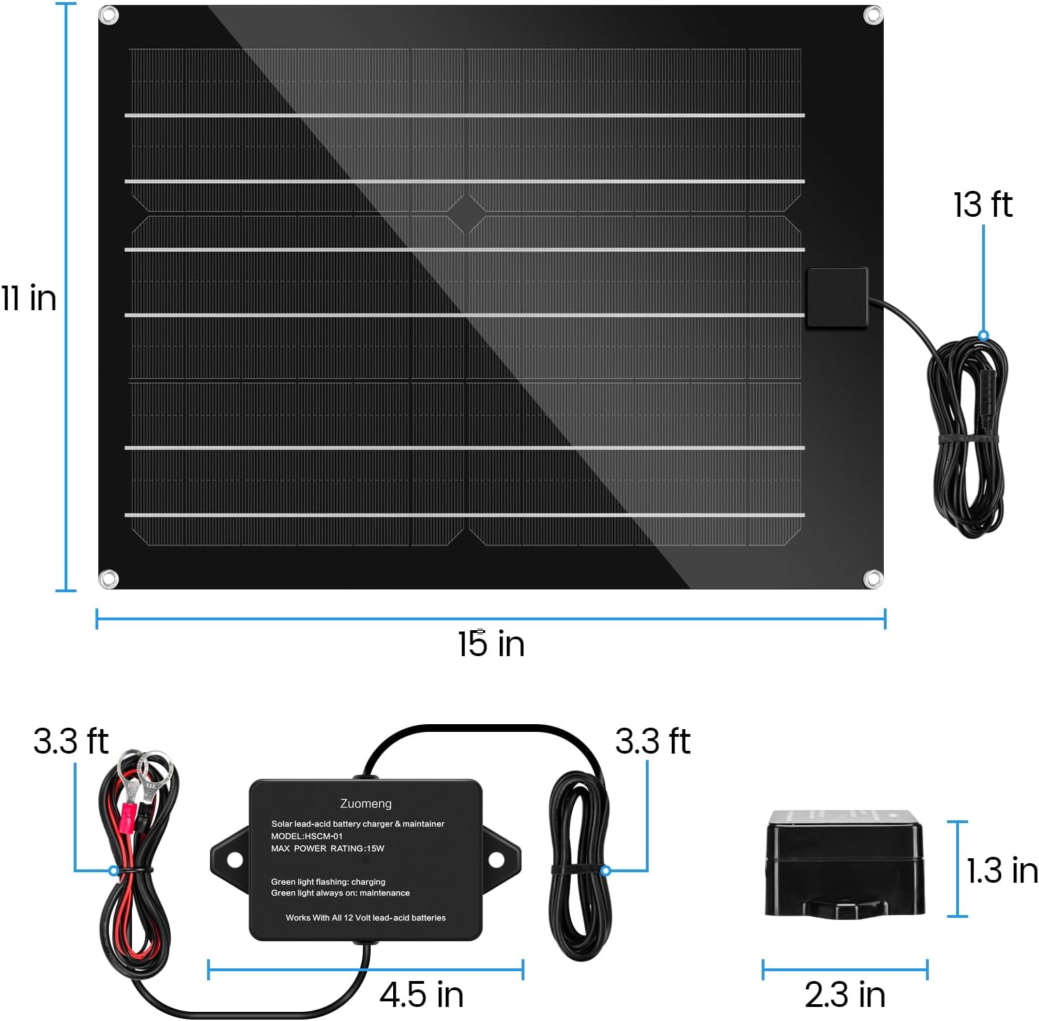 Solar Battery Charger Maintainer, Zuomeng 15W Solar Panel Kit for Dump Trailer Built-in Maintenance Pulse & Intelligent MPPT Charge Controller, Waterproof, Suitable for 12V Lead-Acid Battery