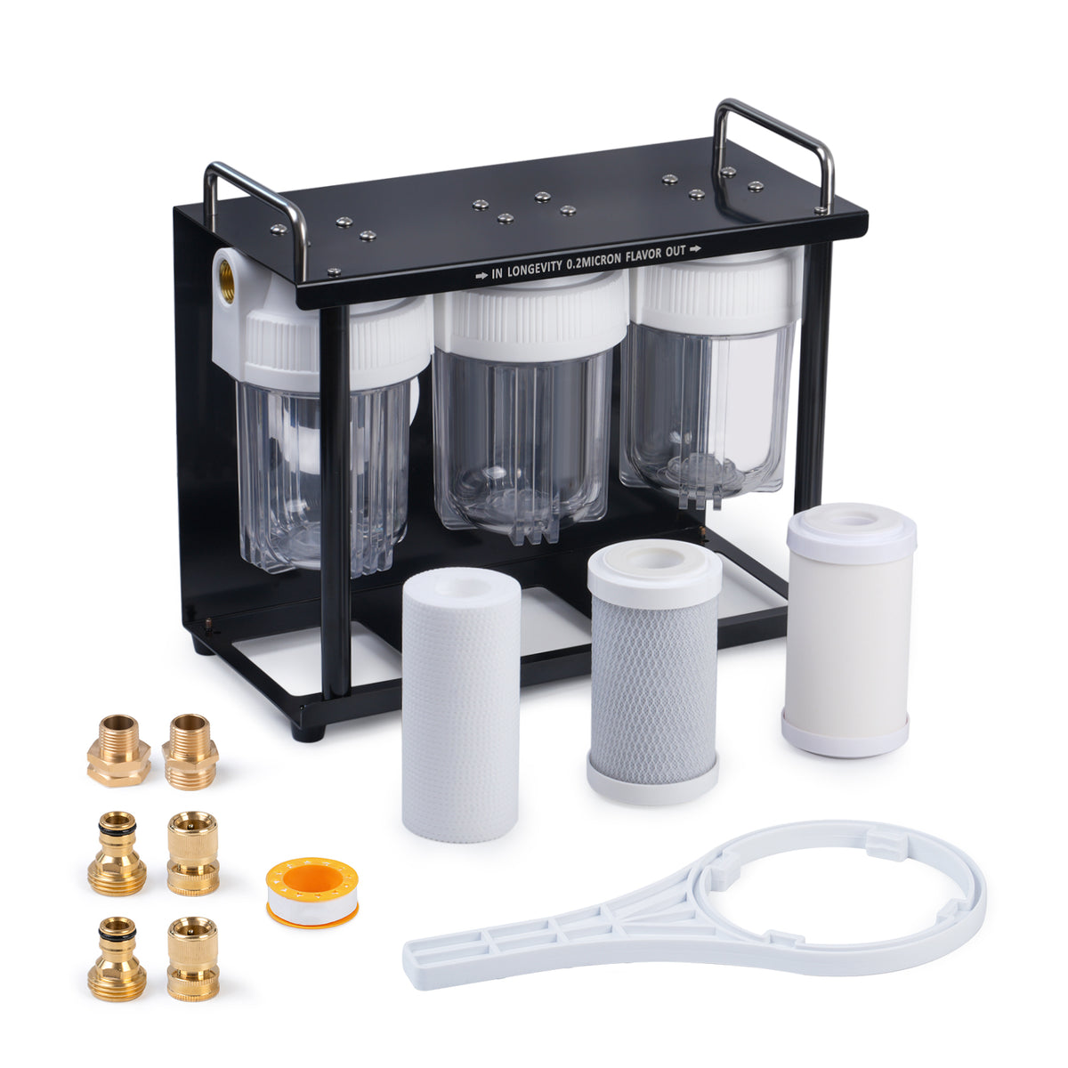 RV Water Filter System, 3-Stage Filtration Removes Chlorine, 5-Inch Standard Housing, 3/4" Hose Connector & Quick Connect – Replacement for Built-in Filters – for RV, Camper, Trailer, Yacht