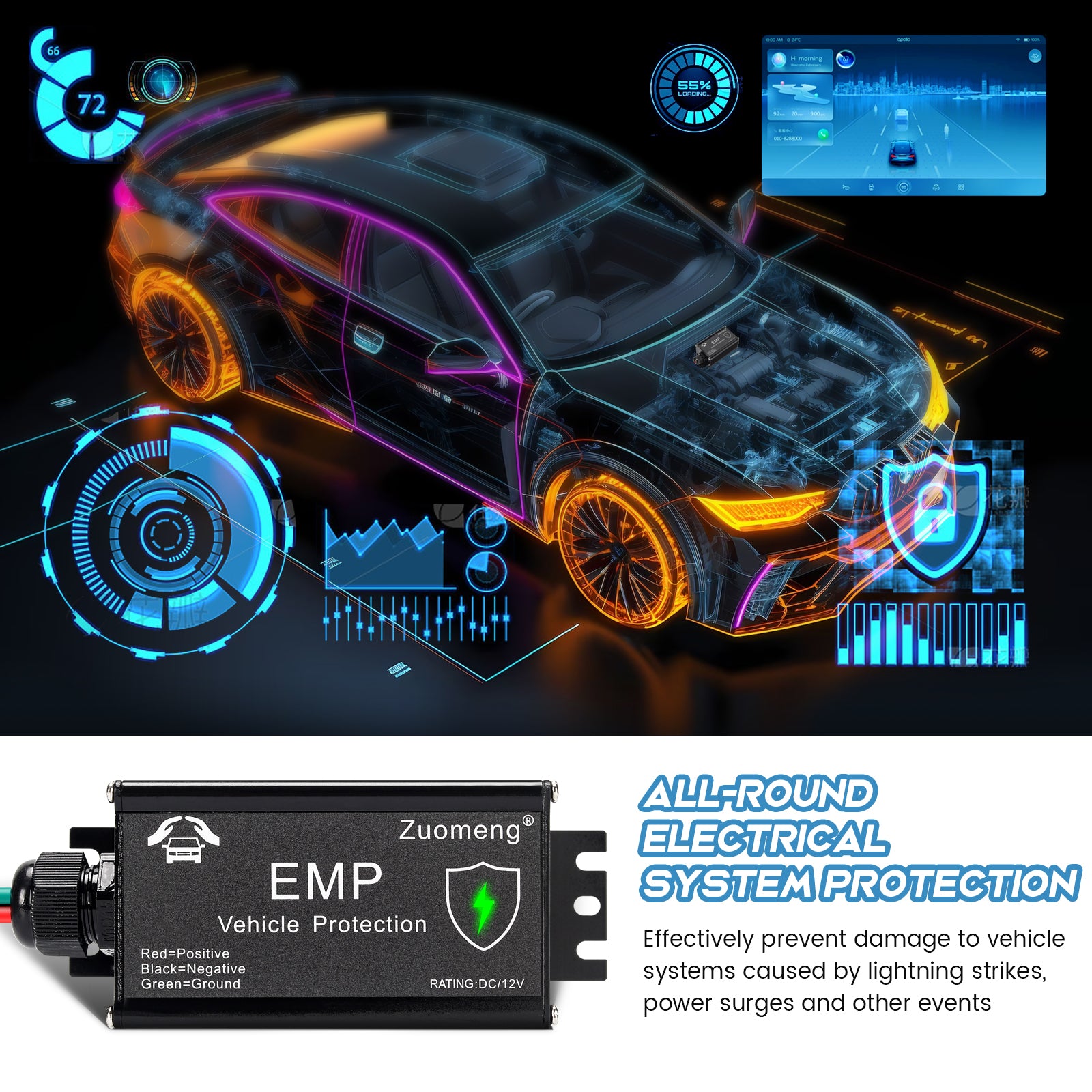 Vehicle EMP Protection, 12 Volt DC for Cars and Trucks, Lightning, Solar Flare & Surge Protection, 225,000 A